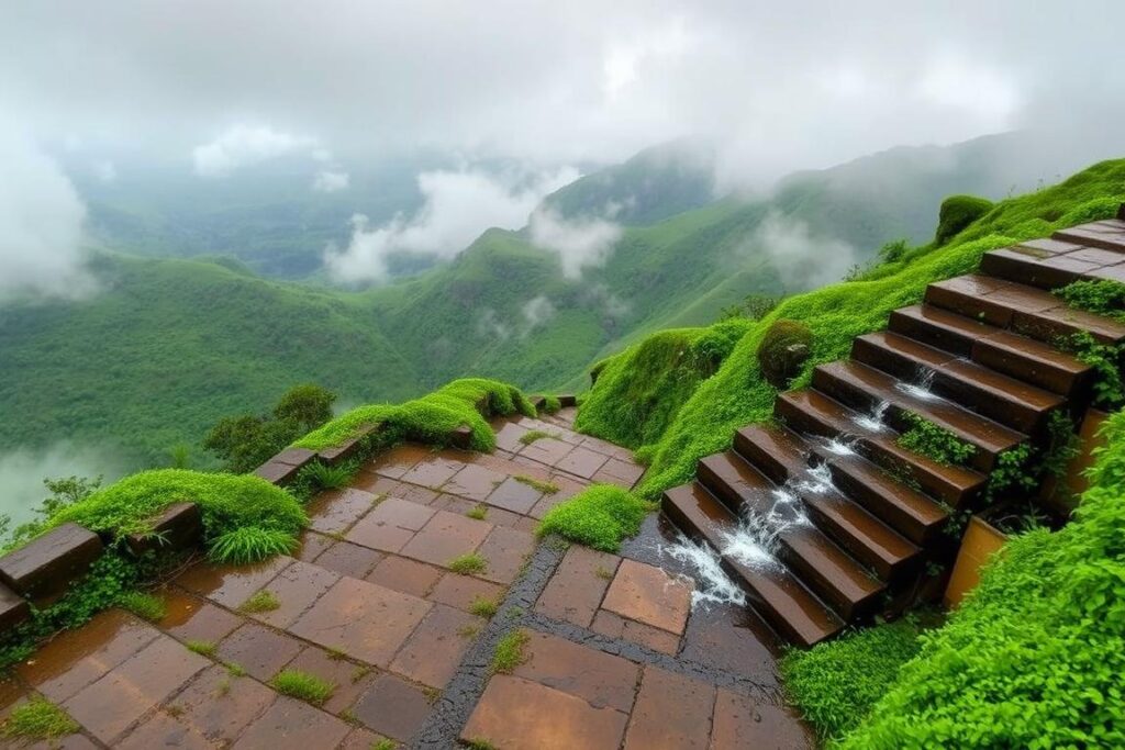 Korigad Trek during monsoon with lush green landscapes and misty views Korigad Trek during monsoon with lush green landscapes and misty views
