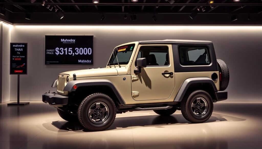 Mahindra Thar 3-Door Facelift in showroom setting with price display Mahindra Thar 3-Door Facelift in showroom setting with price display