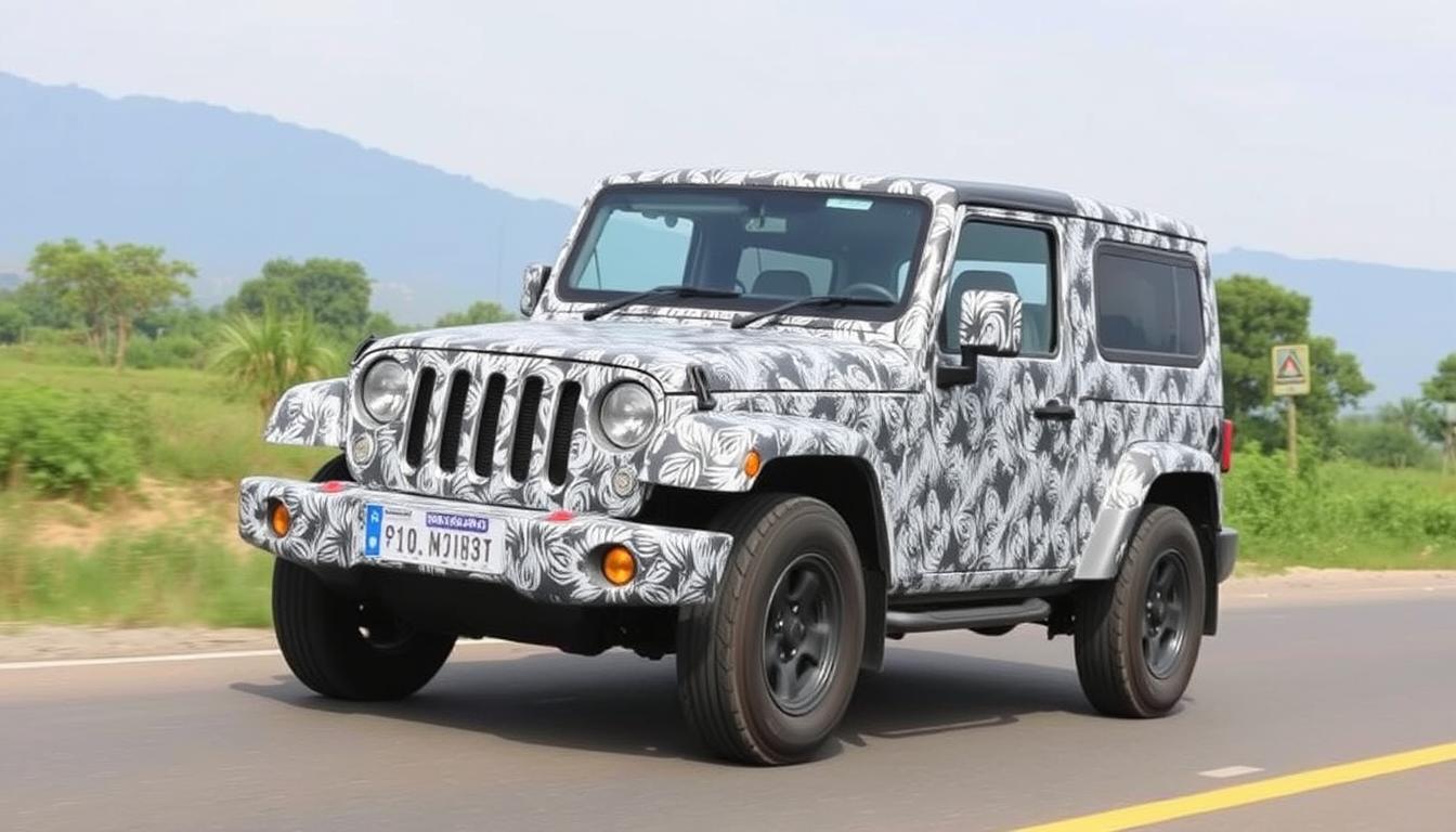 Mahindra Thar 3-Door Facelift spy shot showing camouflaged front end with visible design changes