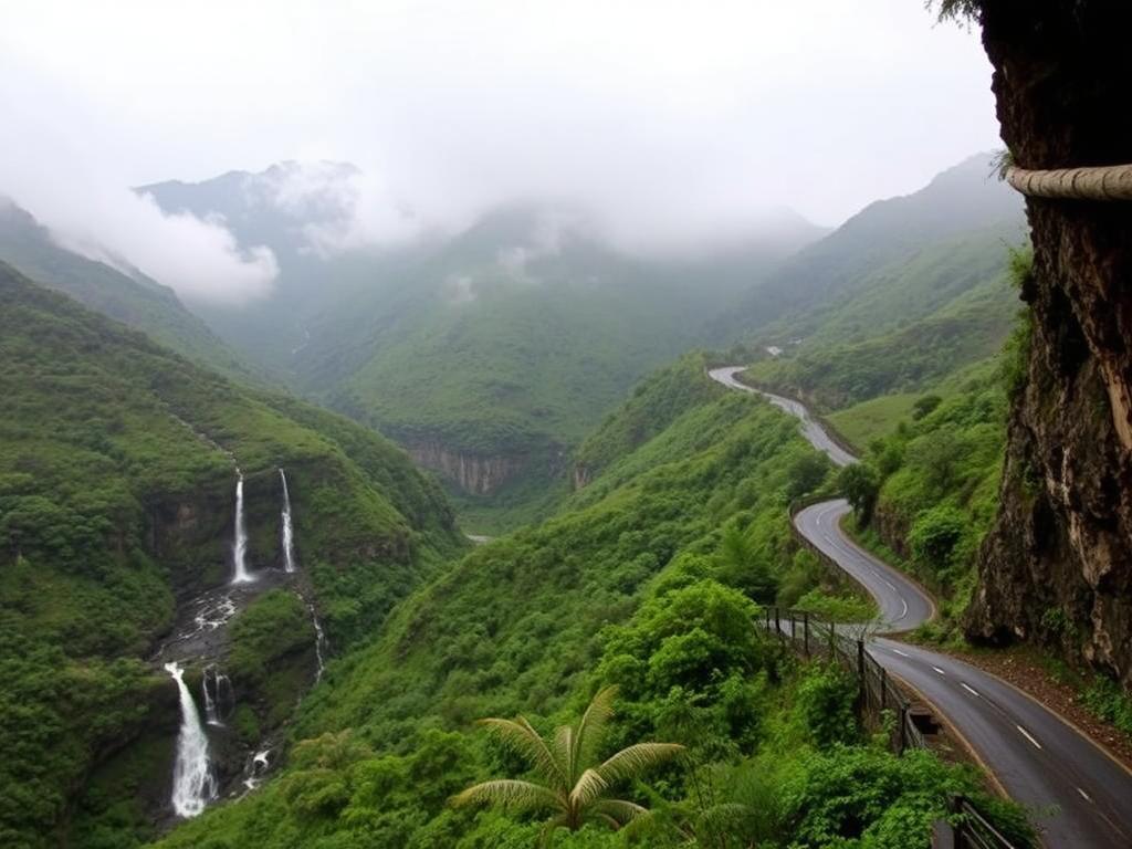 Malshej Ghat with waterfalls during monsoon season Malshej Ghat with waterfalls during monsoon season