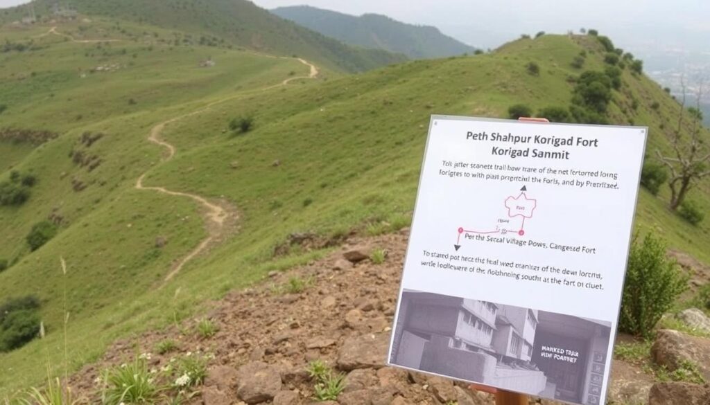 Marked trail path showing the route from Peth Shahpur village to Korigad Fort summit Marked trail path showing the route from Peth Shahpur village to Korigad Fort summit