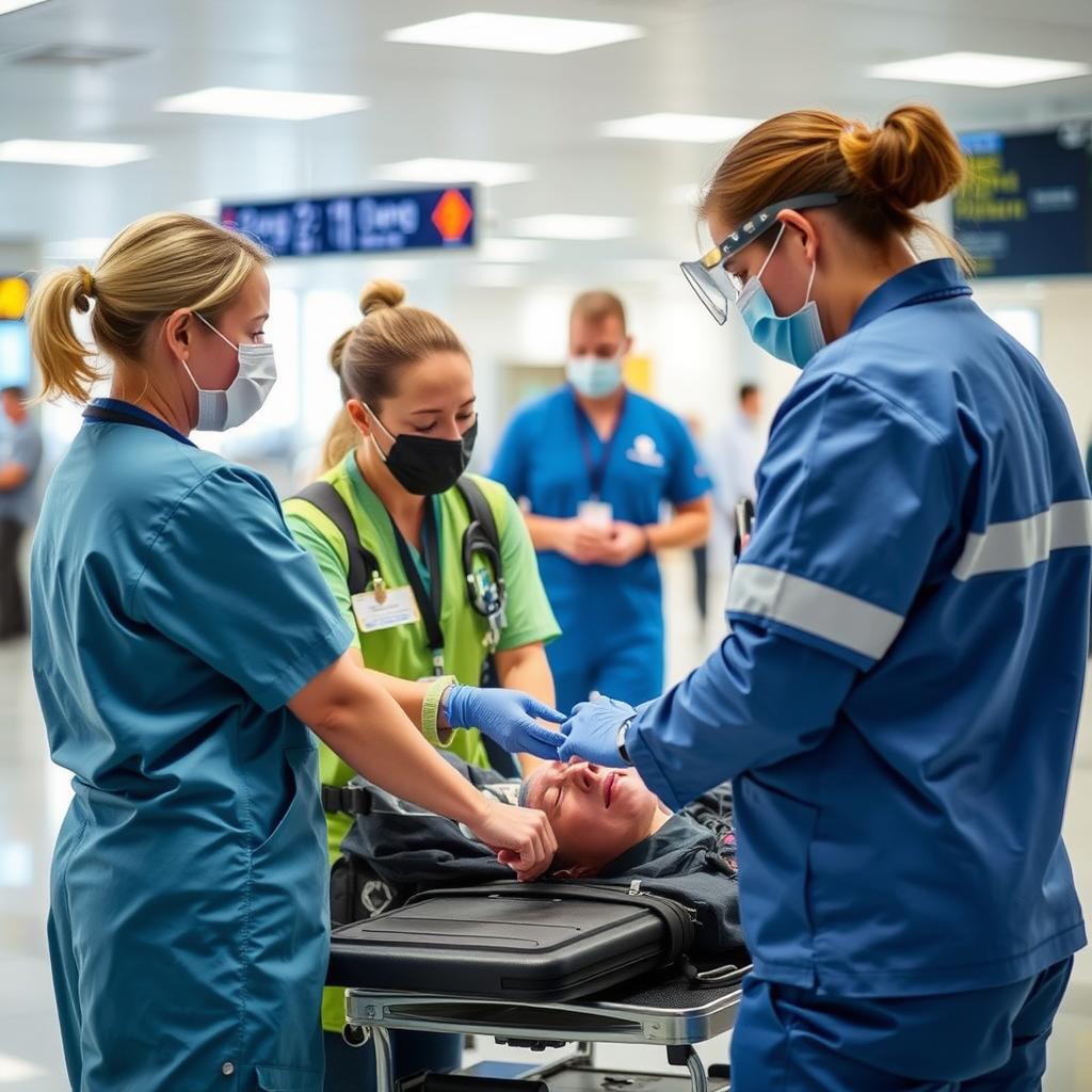 Medical professional attending to an injured passenger, representing flight accident insurance coverage for injuries Medical professional attending to an injured passenger, representing flight accident insurance coverage for injuries