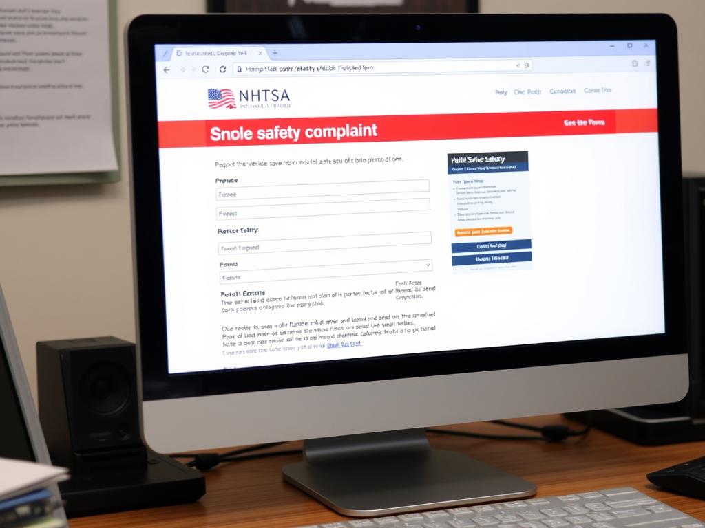 NHTSA vehicle safety complaint form on computer screen