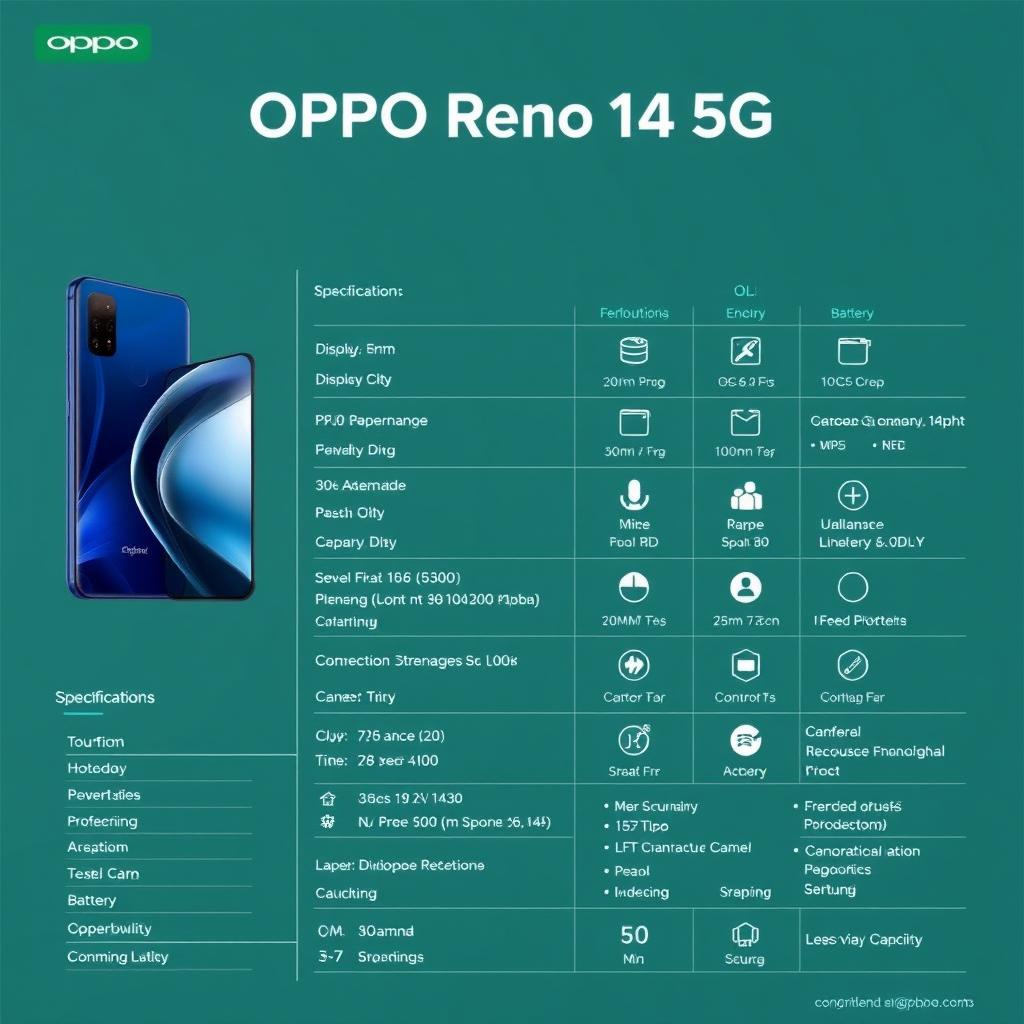 OPPO Reno 14 5G detailed specifications chart showing all technical details