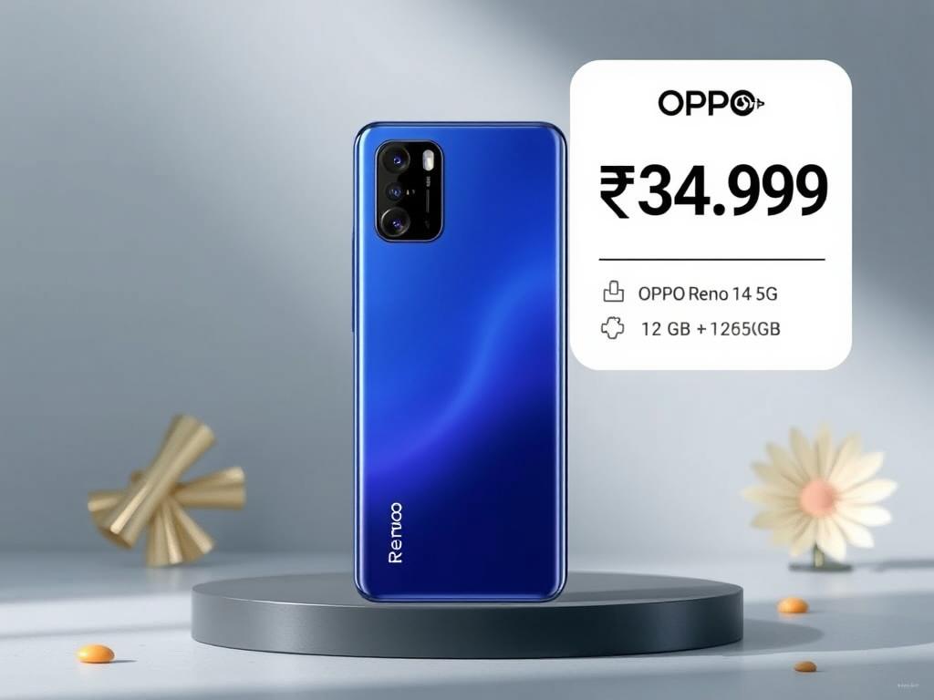 OPPO Reno 14 5G price tag showing ₹34,999 for the 12GB+256GB variant in India 2025