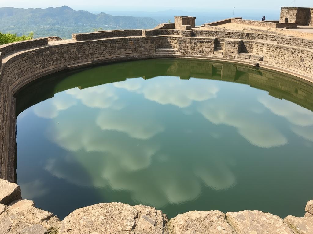 One of the two lakes on top of Korigad Fort surrounded by stone walls One of the two lakes on top of Korigad Fort surrounded by stone walls