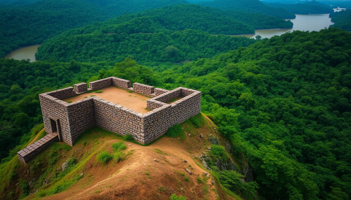 Panoramic view of Jungli Jaigad Fort surrounded by dense forest with Koyna Dam backwaters visible in the distance