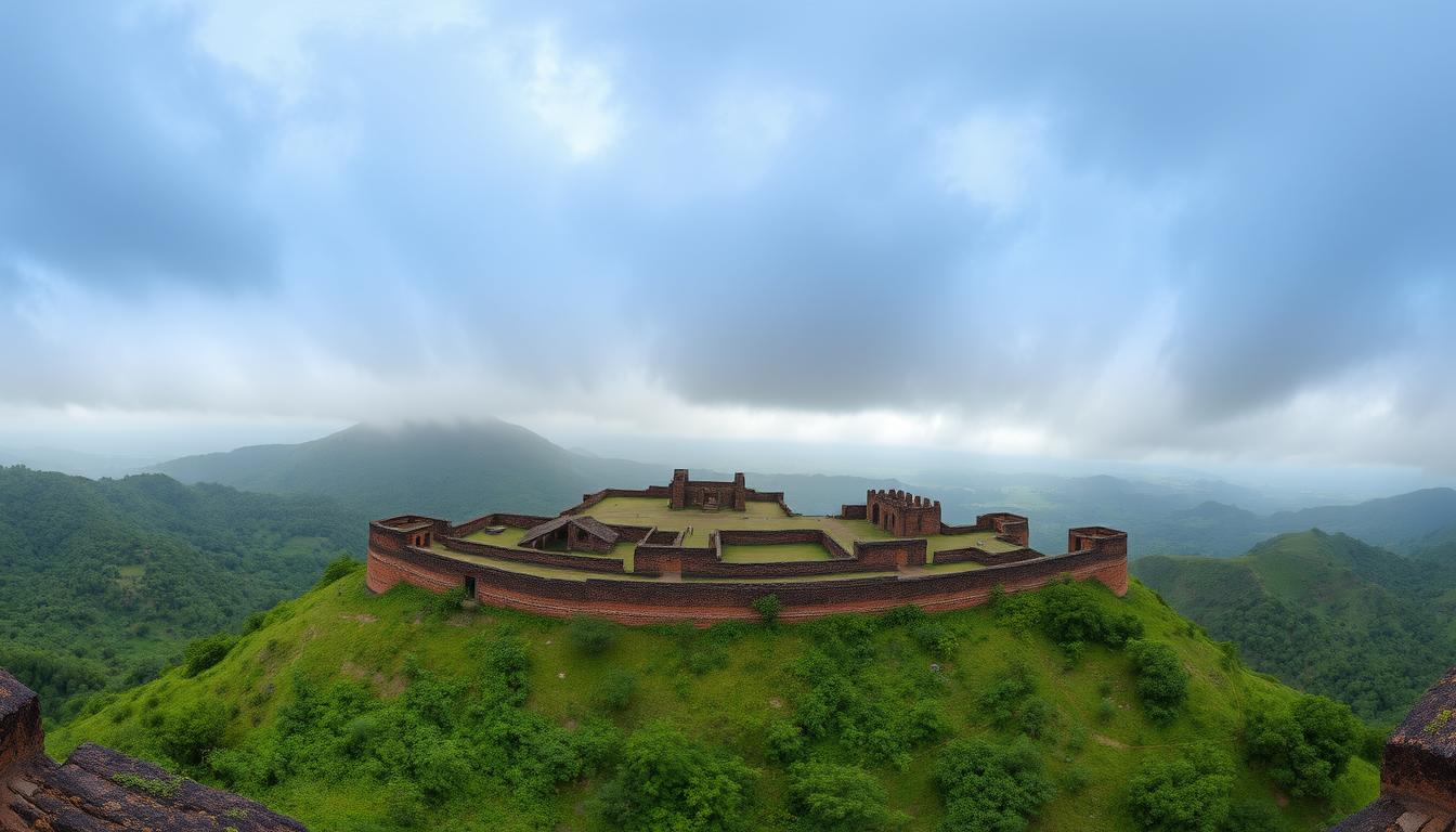 Panoramic view of Korigad Fort with surrounding green valleys during monsoon season
