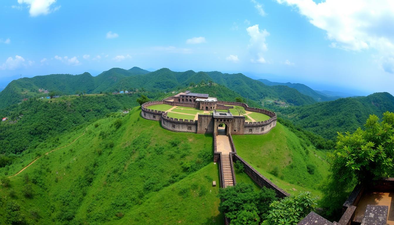 Panoramic view of Shivneri Fort surrounded by lush green hills