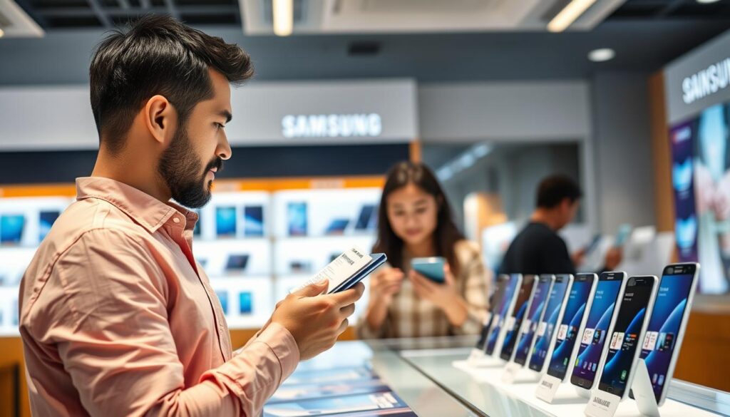 Person comparing different Samsung smartphone models in a store - Best Samsung Smartphone Offer Prices 2025 India Person comparing different Samsung smartphone models in a store - Best Samsung Smartphone Offer Prices 2025 India