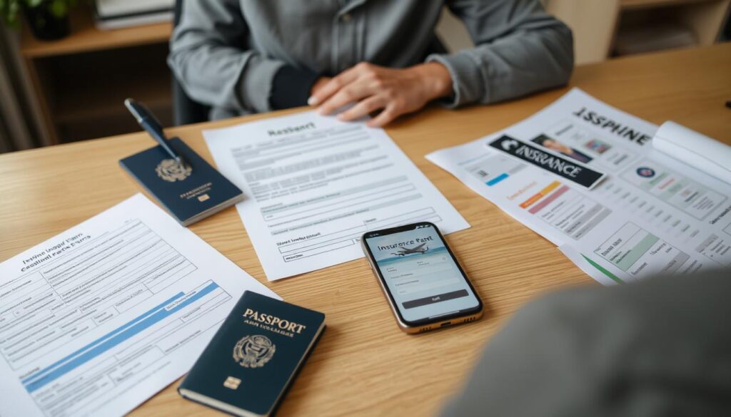 Person filling out insurance claim form with supporting documents for flight accident claim Person filling out insurance claim form with supporting documents for flight accident claim