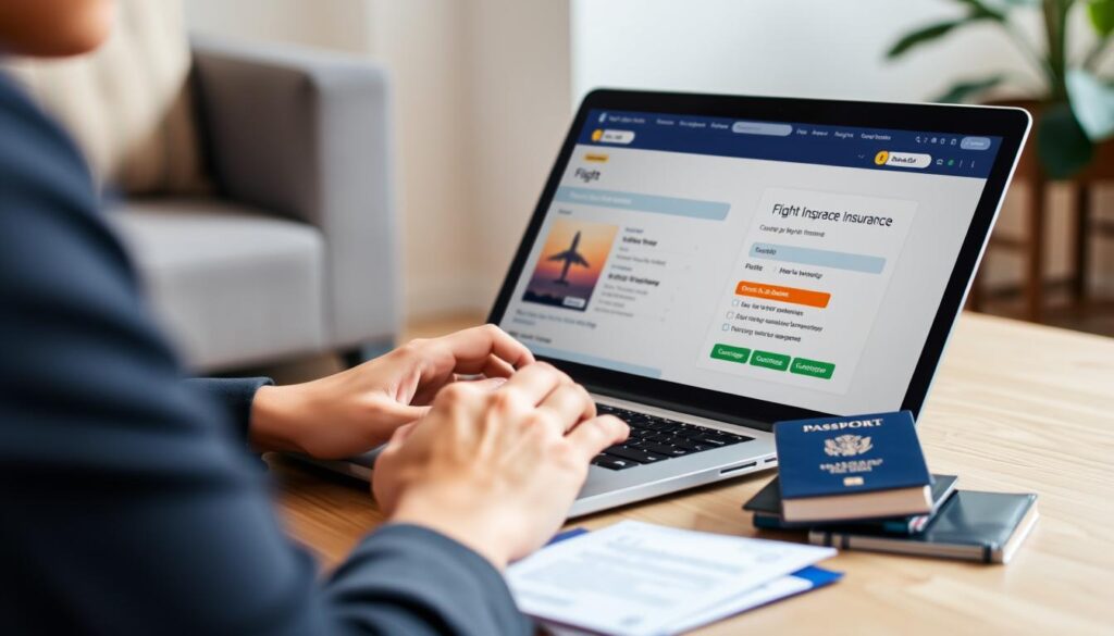 Person purchasing flight accident insurance online before travel Person purchasing flight accident insurance online before travel