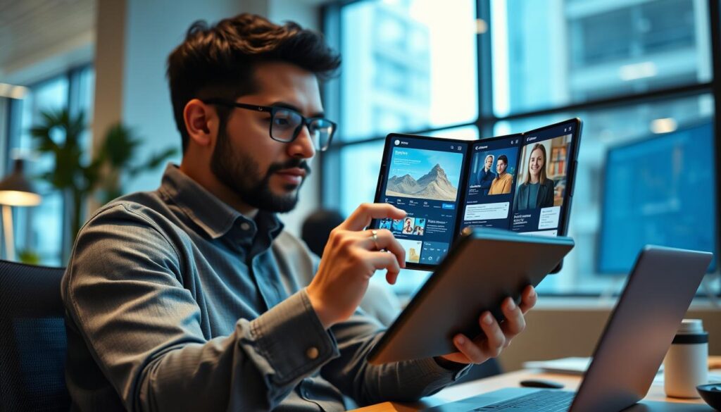 Person using the Samsung Galaxy Z Fold 7 for productivity tasks in an office setting Person using the Samsung Galaxy Z Fold 7 for productivity tasks in an office setting