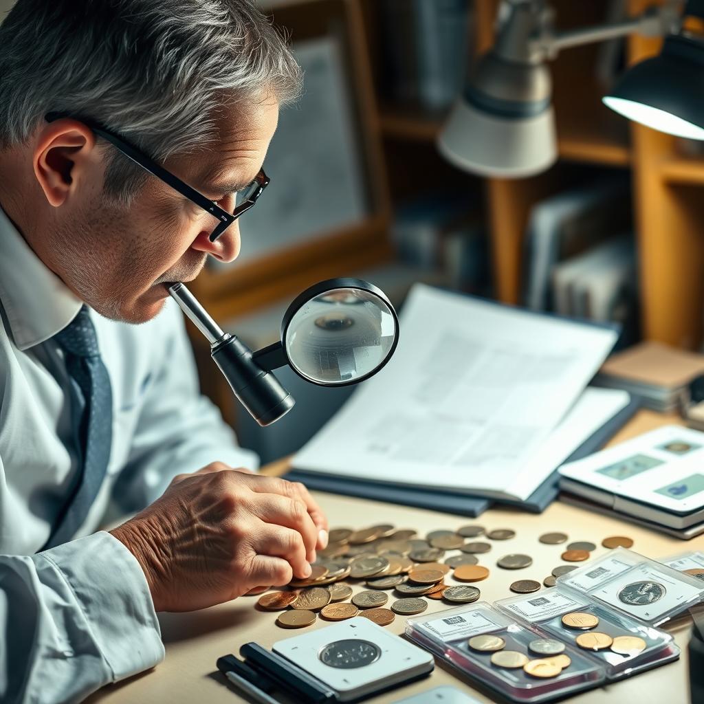 Rare coin dealer examining collectible coins Rare coin dealer examining collectible coins