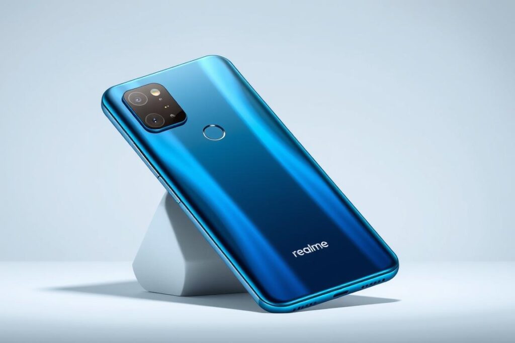 Realme GT 7 in IceSense Blue color showing the premium design