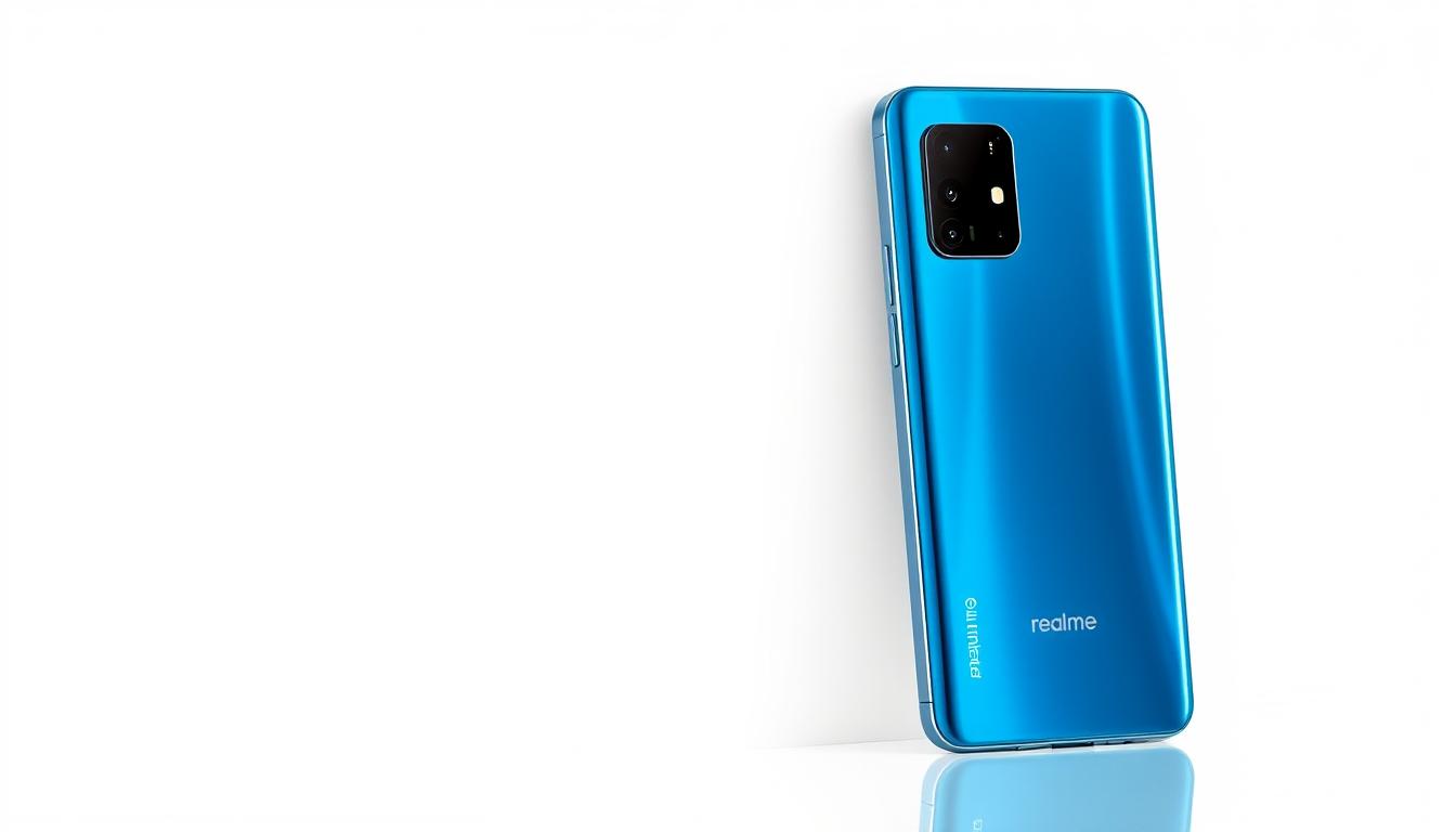 Realme GT 7 smartphone showcasing its design in IceSense blue color variant