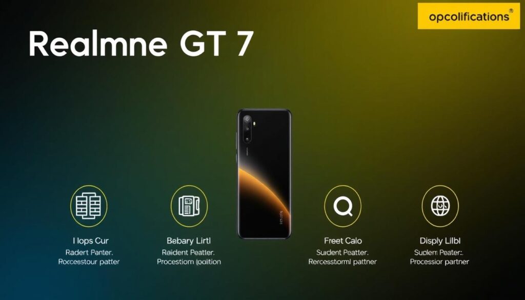 Realme GT 7 specifications highlight showing key features like Dimensity 9400e processor and 7000mAh battery
