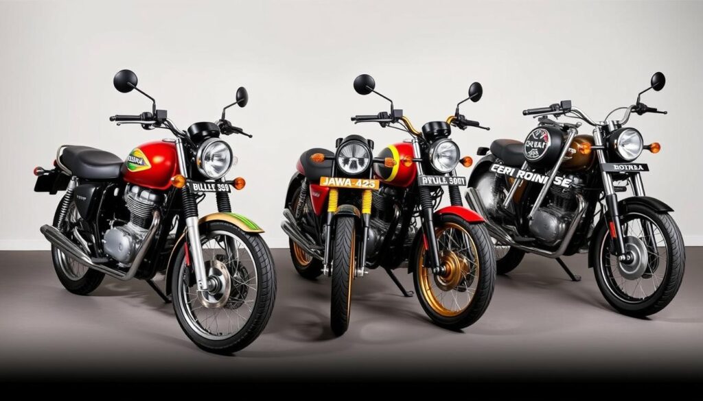 Royal Enfield Bullet 350 alongside competitor motorcycles from Honda, Jawa, and TVS Royal Enfield Bullet 350 alongside competitor motorcycles from Honda, Jawa, and TVS