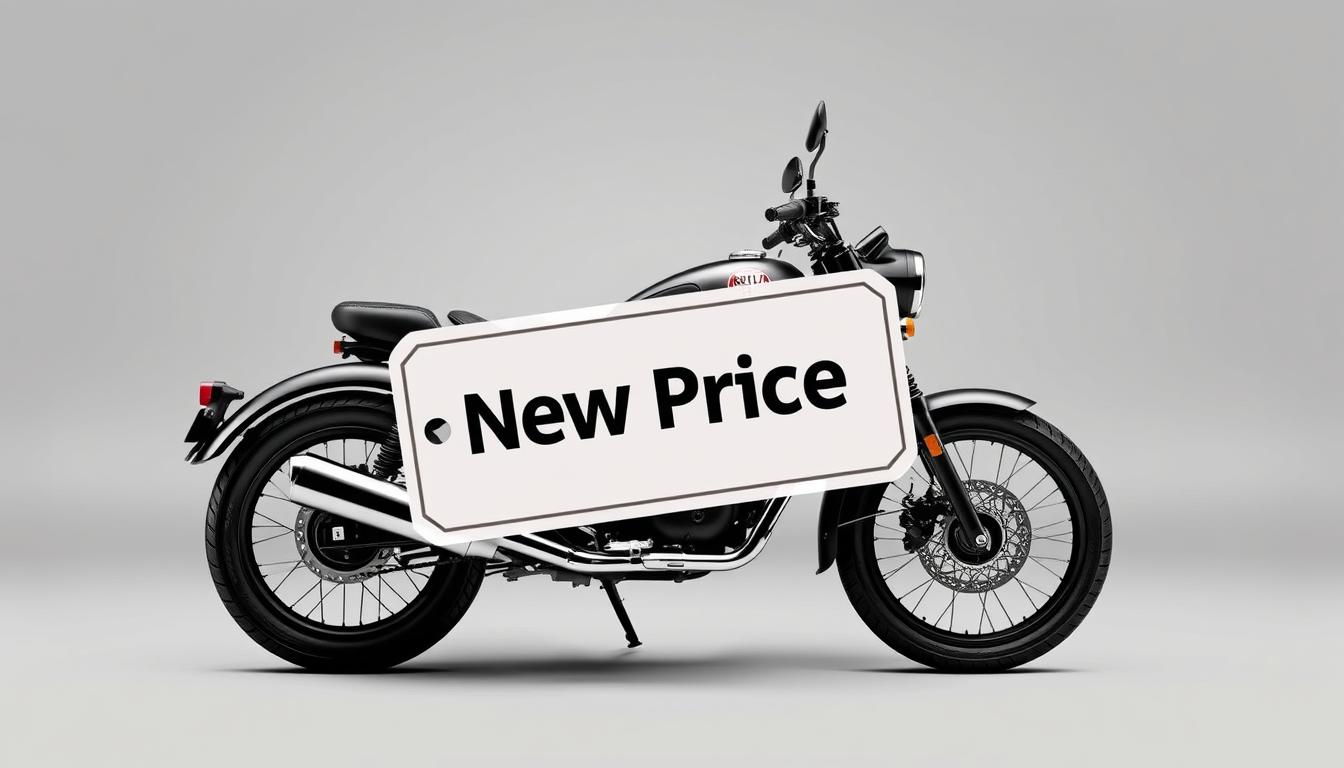 Royal Enfield Bullet 350 motorcycle with price tag overlay showing the recent price hike in India