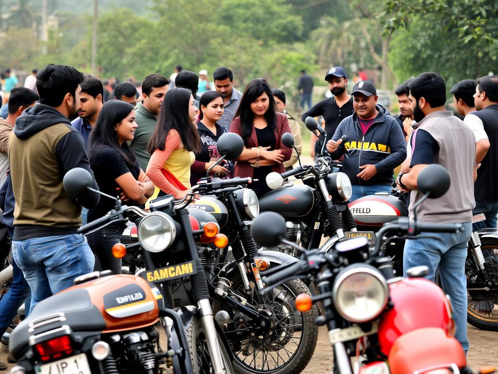 Royal Enfield enthusiasts discussing the Bullet 350 price hike at a motorcycle meetup Royal Enfield enthusiasts discussing the Bullet 350 price hike at a motorcycle meetup