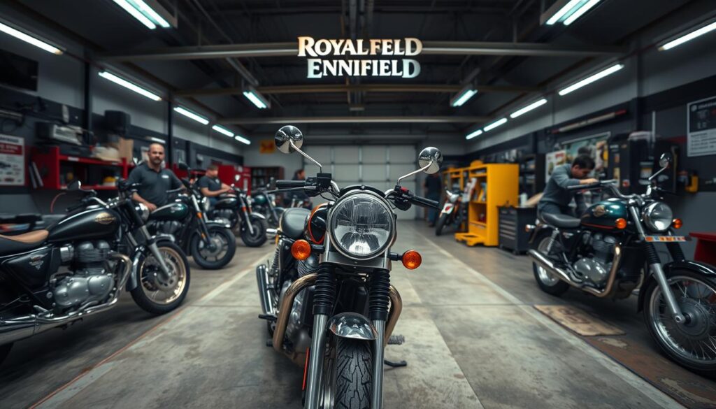 Royal Enfield service center with Bullet 350 motorcycles being maintained Royal Enfield service center with Bullet 350 motorcycles being maintained