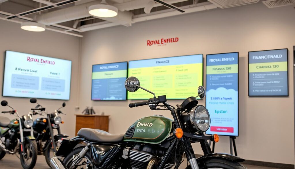 Royal Enfield showroom with financing options displayed for the Bullet 350 after price hike Royal Enfield showroom with financing options displayed for the Bullet 350 after price hike