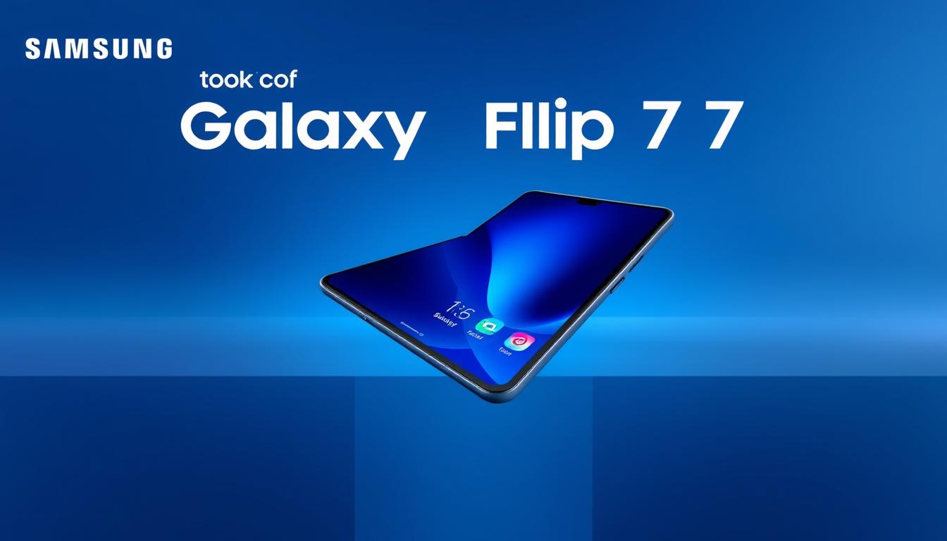 Samsung Galaxy Flip 7 official teaser image showing the device partially folded with Samsung Galaxy Flip 7 features, price and launch date in USA visible on screen