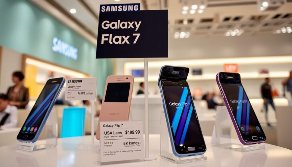 Samsung Galaxy Flip 7 with price tag and USA launch date information displayed Samsung Galaxy Flip 7 with price tag and USA launch date information displayed