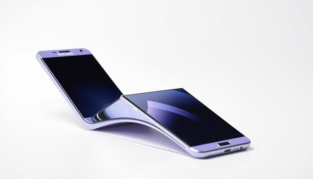Samsung Galaxy Z Flip6 in partially folded position showing its flexible display Samsung Galaxy Z Flip6 in partially folded position showing its flexible display
