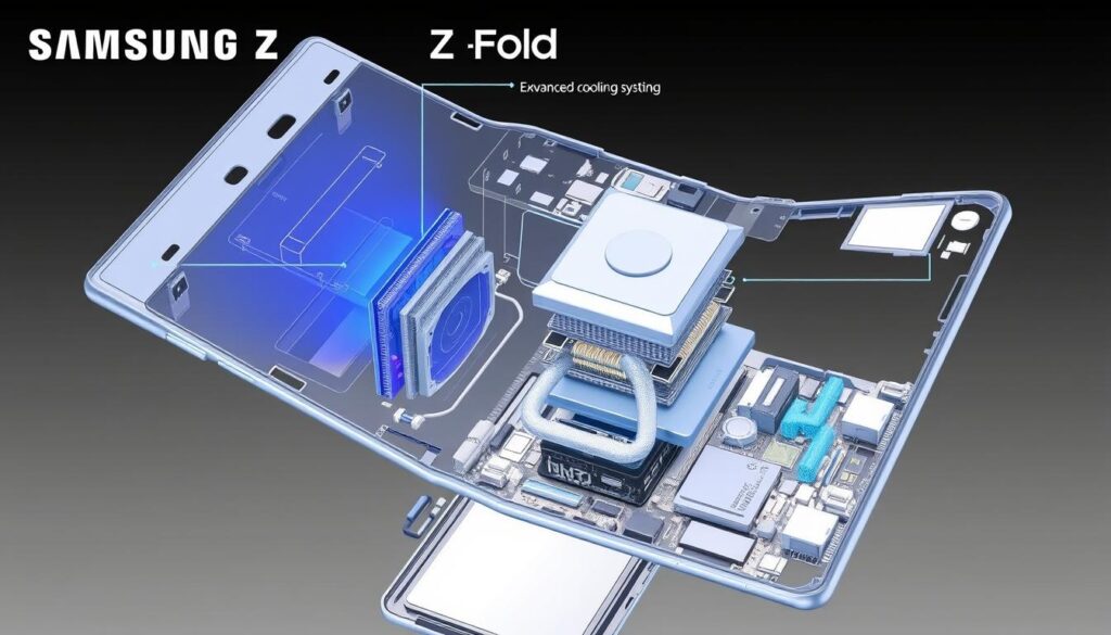 Samsung Galaxy Z Fold 7 internal components diagram showing processor and cooling system Samsung Galaxy Z Fold 7 internal components diagram showing processor and cooling system