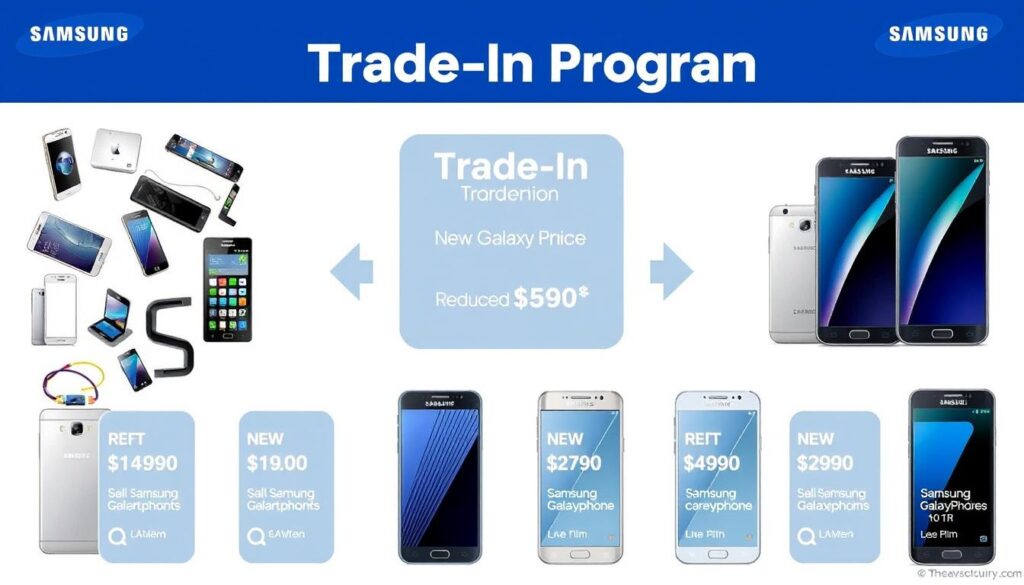 Samsung Trade-In Program process showing old and new devices with price reduction Samsung Trade-In Program process showing old and new devices with price reduction
