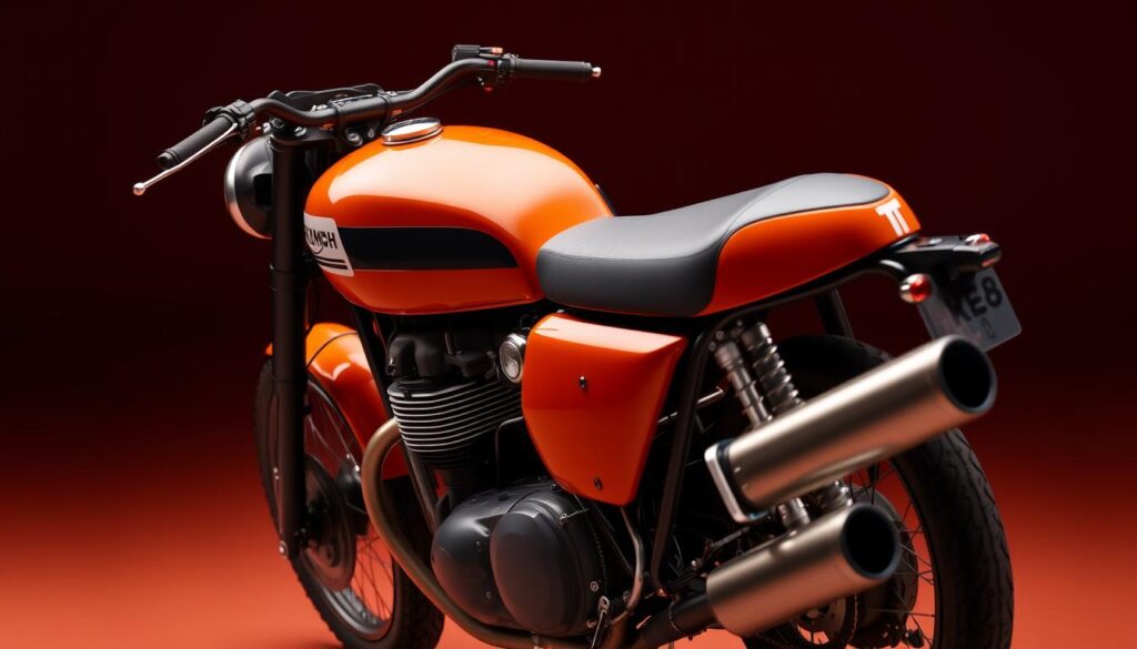 Side profile of Triumph Speed T4 in Baja Orange showing design details Side profile of Triumph Speed T4 in Baja Orange showing design details