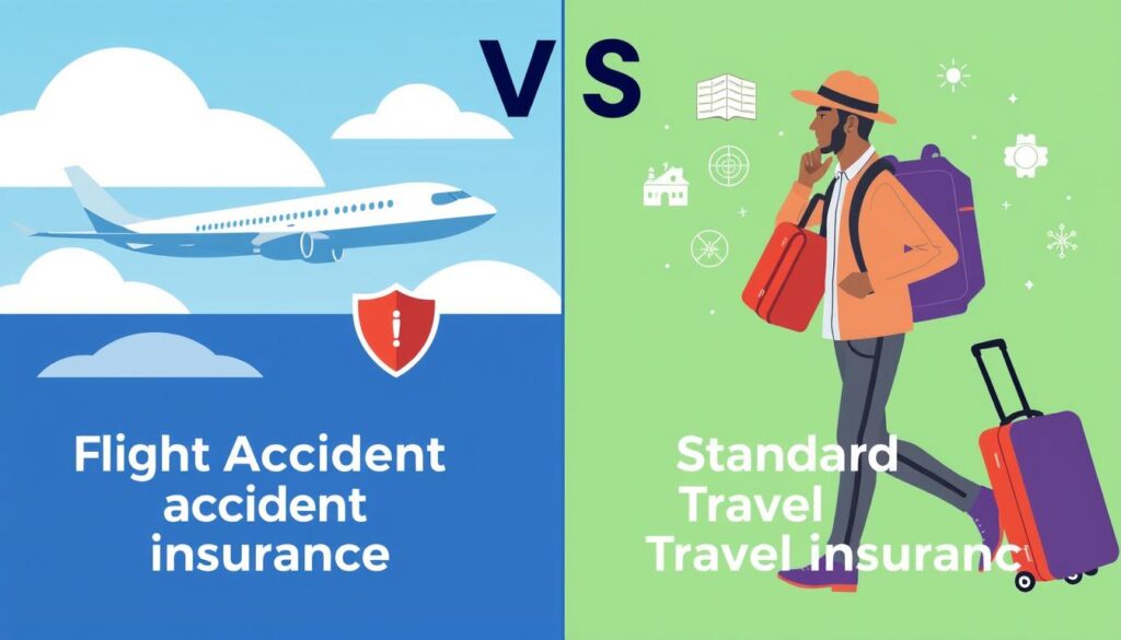 Split image comparing flight accident insurance and standard travel insurance coverage Split image comparing flight accident insurance and standard travel insurance coverage