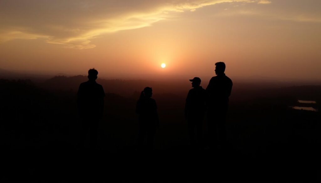 Sunset view from Jungli Jaigad Fort with trekkers silhouetted against the horizon Sunset view from Jungli Jaigad Fort with trekkers silhouetted against the horizon