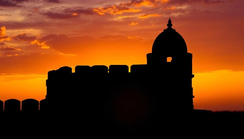 Sunset view from Korigad Fort with silhouettes of ancient structures against orange sky Sunset view from Korigad Fort with silhouettes of ancient structures against orange sky