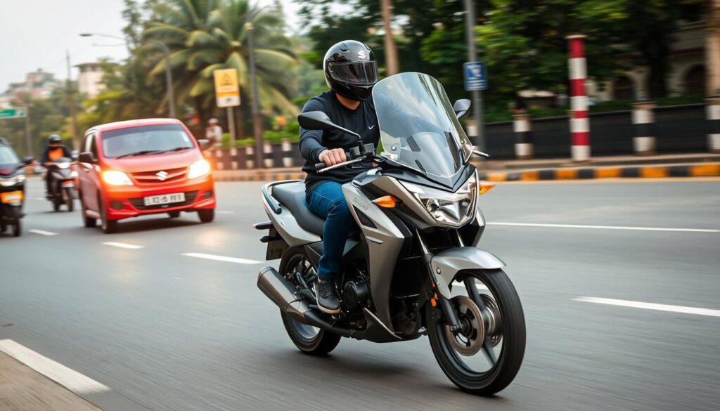 Suzuki Burgman 400 being ridden on Indian roads Suzuki Burgman 400 being ridden on Indian roads
