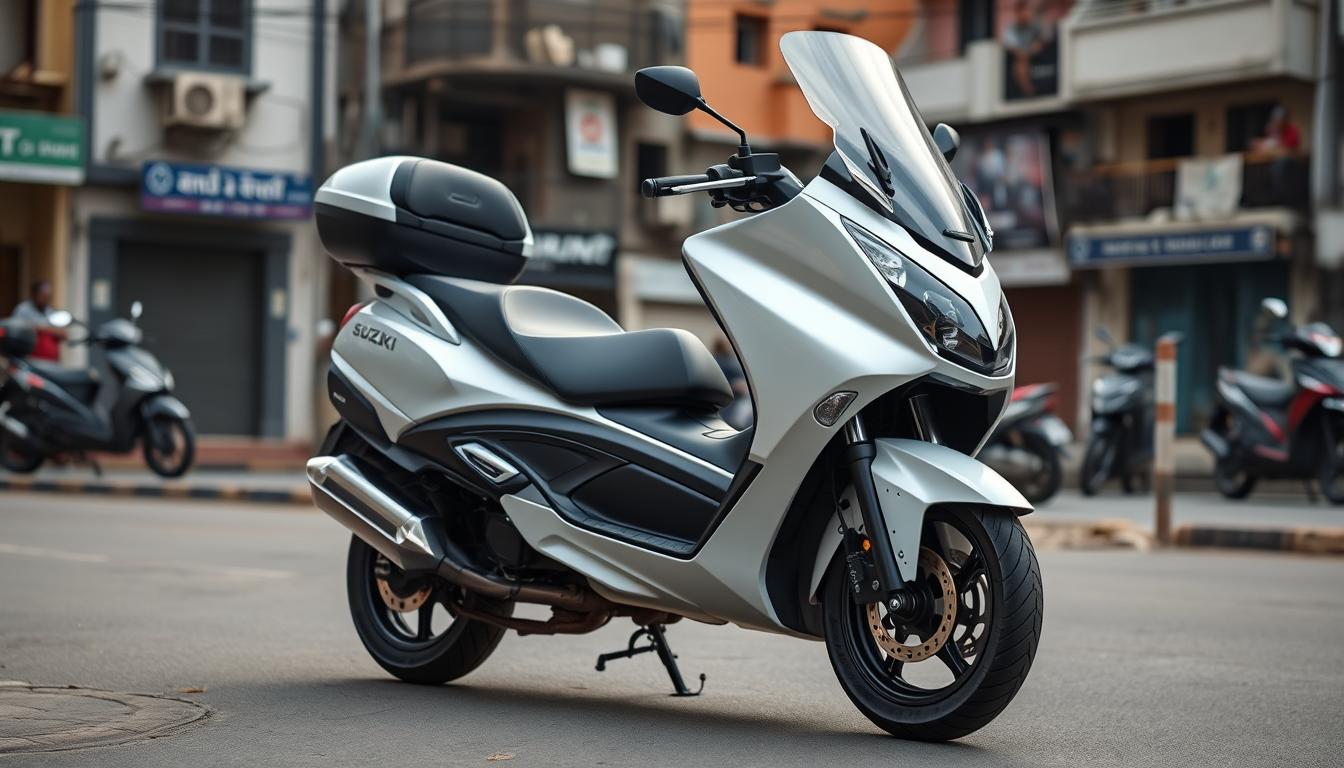 Suzuki Burgman 400 front view on Indian road