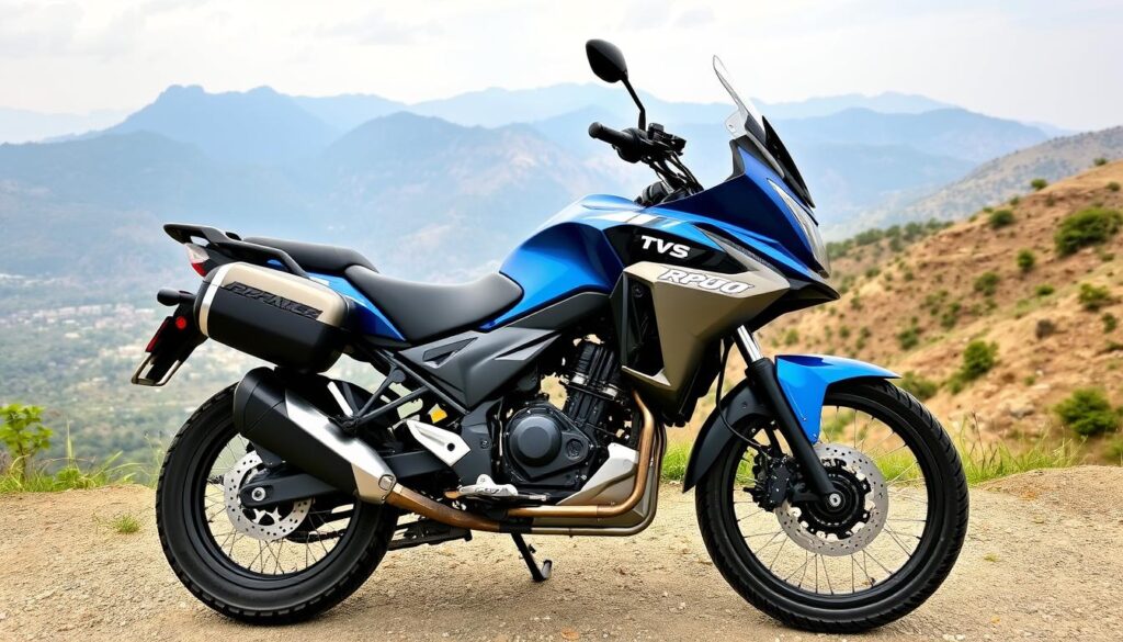 TVS Apache RTX 300 adventure motorcycle parked near a scenic viewpoint TVS Apache RTX 300 adventure motorcycle parked near a scenic viewpoint