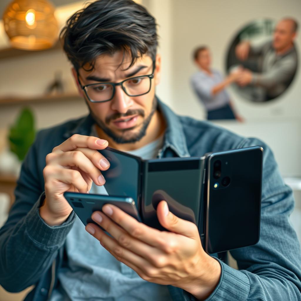 Tech enthusiast examining the Galaxy Z Fold 7's hinge mechanism Tech enthusiast examining the Galaxy Z Fold 7's hinge mechanism