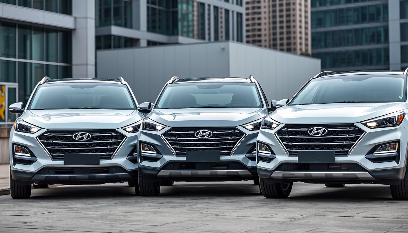 Three upcoming Hyundai Hybrid SUVs lined up showcasing their exterior design
