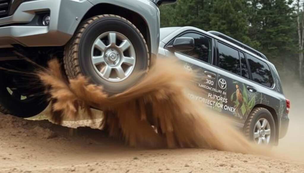 Toyota Land Cruiser 300 Hybrid demonstrating extreme articulation on off-road obstacles Toyota Land Cruiser 300 Hybrid demonstrating extreme articulation on off-road obstacles