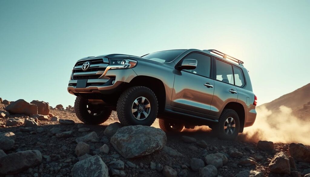 Toyota Land Cruiser 300 Hybrid demonstrating off-road capability on rocky terrain Toyota Land Cruiser 300 Hybrid demonstrating off-road capability on rocky terrain