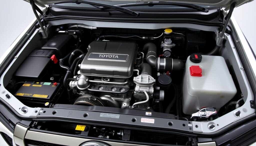 Toyota Land Cruiser 300 Hybrid engine bay showing the twin-turbo V6 hybrid powertrain Toyota Land Cruiser 300 Hybrid engine bay showing the twin-turbo V6 hybrid powertrain