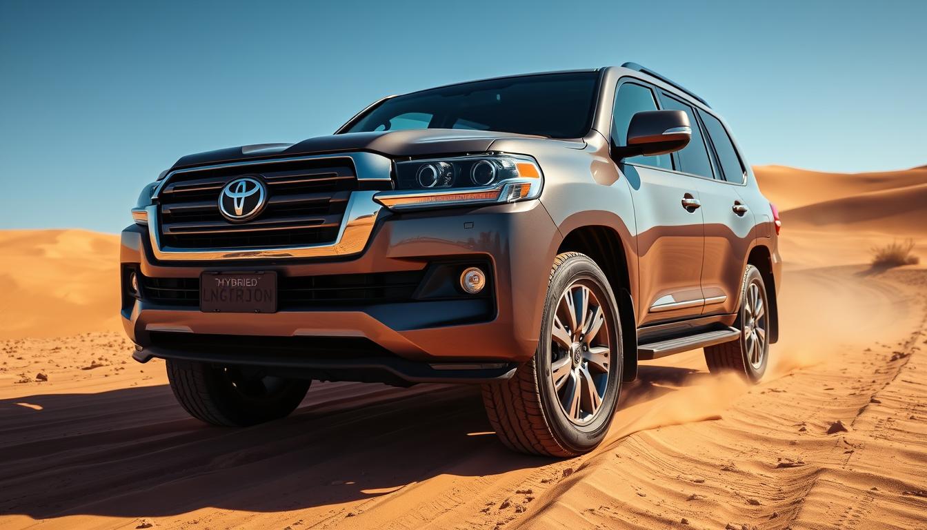 Toyota Land Cruiser 300 Hybrid front three-quarter view showing its bold design and hybrid badging