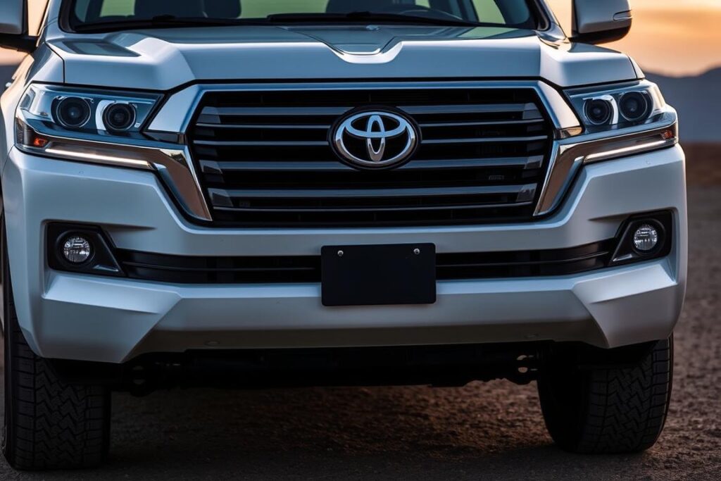 Toyota Land Cruiser 300 Hybrid front view showing the redesigned front bumper and grille Toyota Land Cruiser 300 Hybrid front view showing the redesigned front bumper and grille