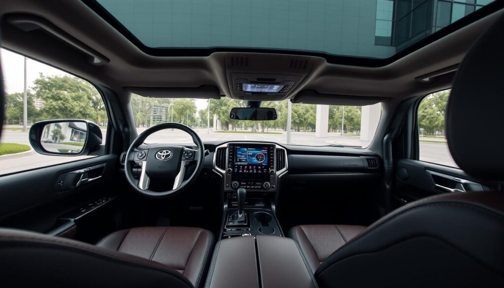 Toyota Land Cruiser 300 Hybrid interior showing the 12.3-inch touchscreen and luxury features Toyota Land Cruiser 300 Hybrid interior showing the 12.3-inch touchscreen and luxury features