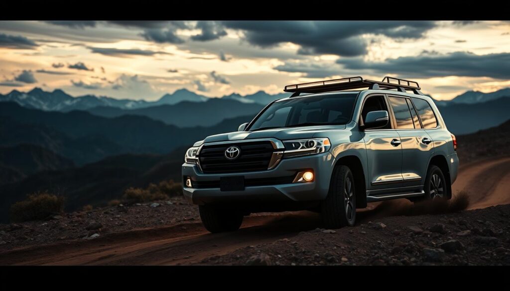 Toyota Land Cruiser 300 Hybrid on an adventure in a dramatic landscape Toyota Land Cruiser 300 Hybrid on an adventure in a dramatic landscape