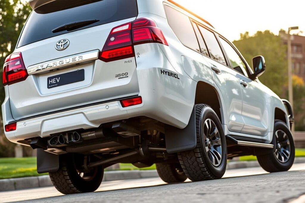 Toyota Land Cruiser 300 Hybrid rear view showing the HEV badging and dual exhaust Toyota Land Cruiser 300 Hybrid rear view showing the HEV badging and dual exhaust