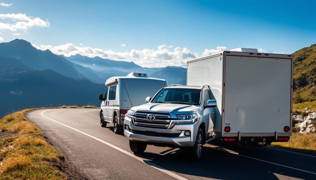 Toyota Land Cruiser 300 Hybrid towing a large trailer on a mountain road Toyota Land Cruiser 300 Hybrid towing a large trailer on a mountain road