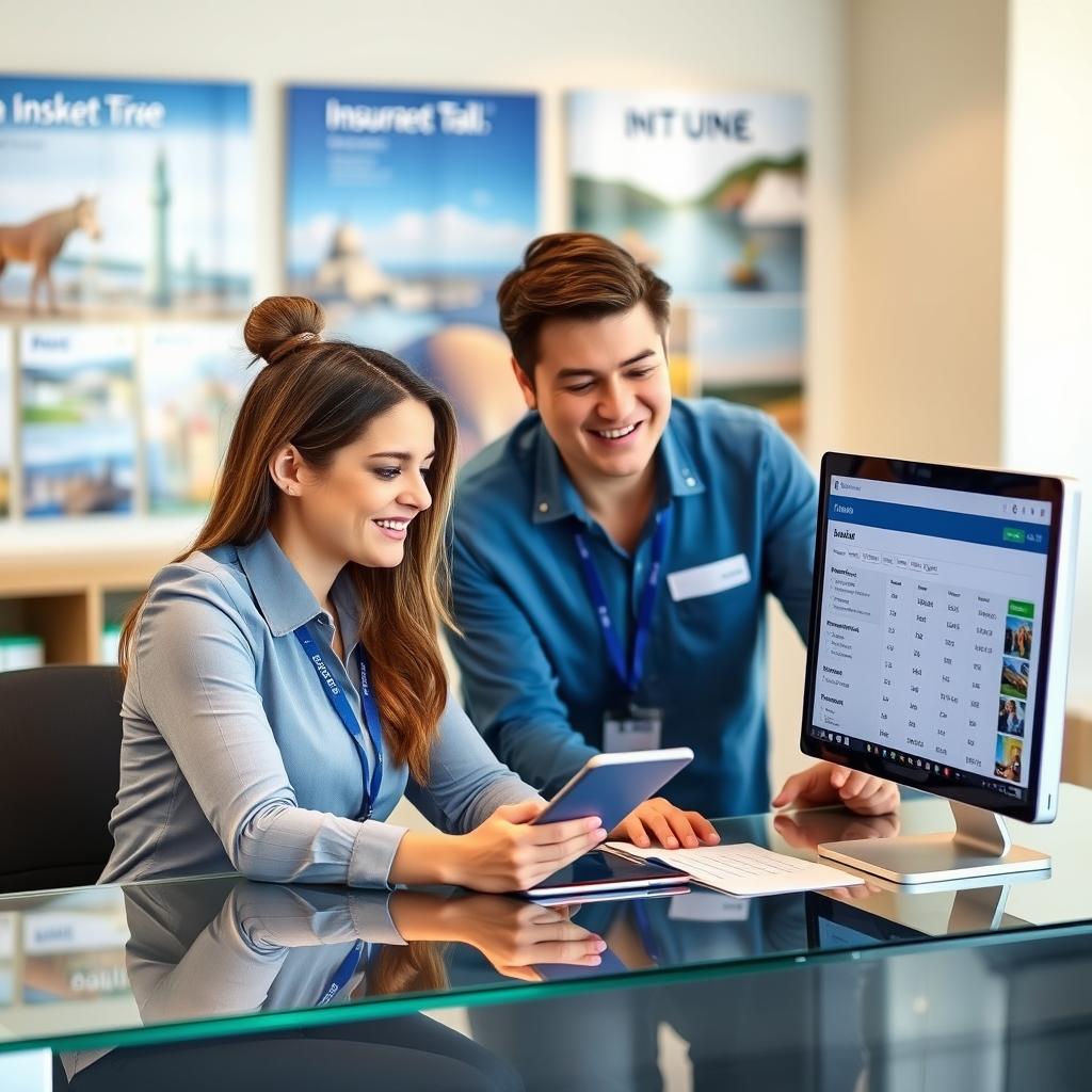 Travel agent assisting customer with insurance options Travel agent assisting customer with insurance options